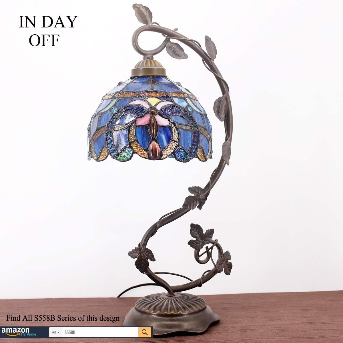 SHADY  Lamp Cloudy Blue Stained Glass Table Lamp  Metal Leaf Base 8X10X21 Inches Reading Desk Light Decor Small Space Bedside Bedroom Home Office S558 Series
