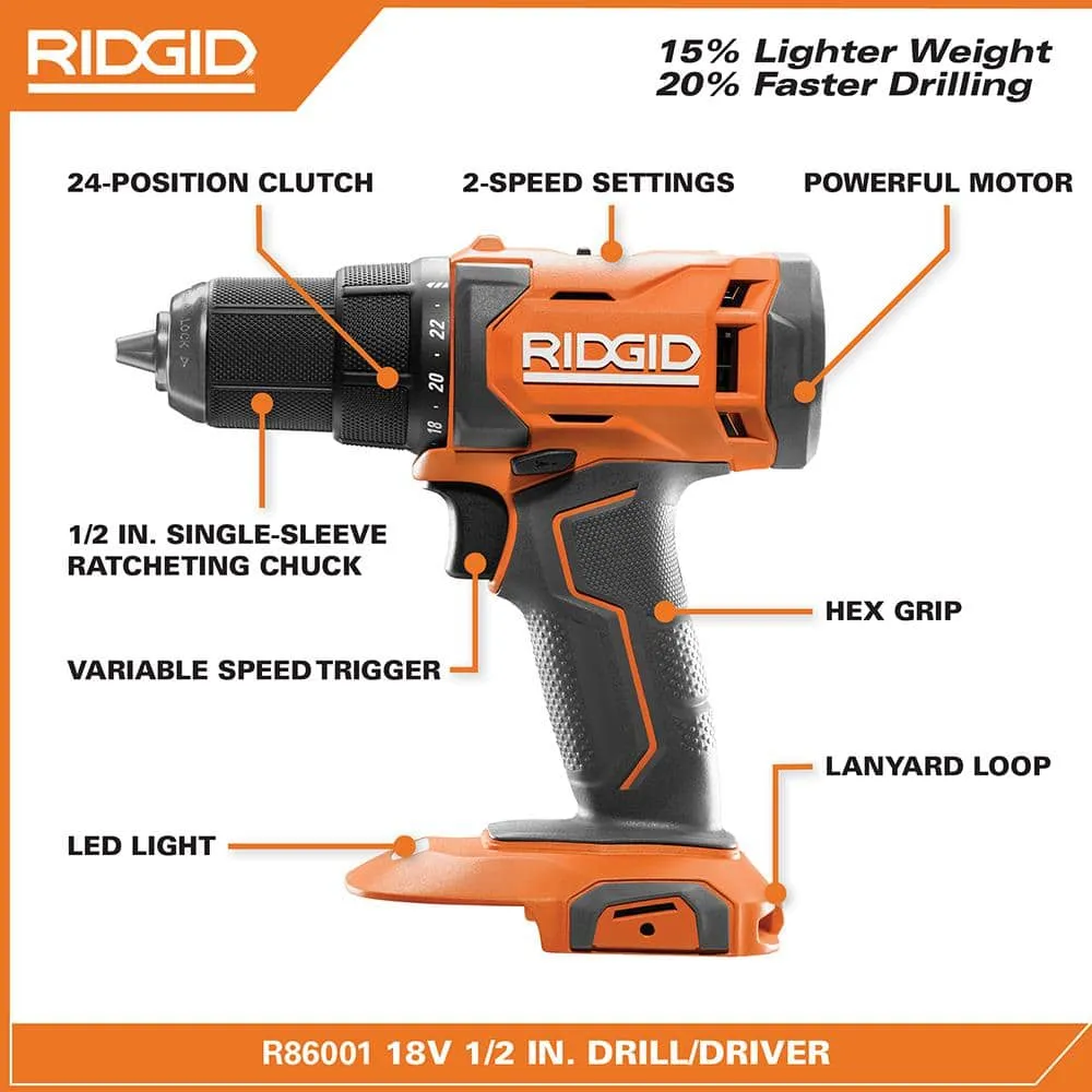 RIDGID 18V Cordless 1/2 in. Drill/Driver Kit with (1) 2.0 Ah Battery and Charger R86001K