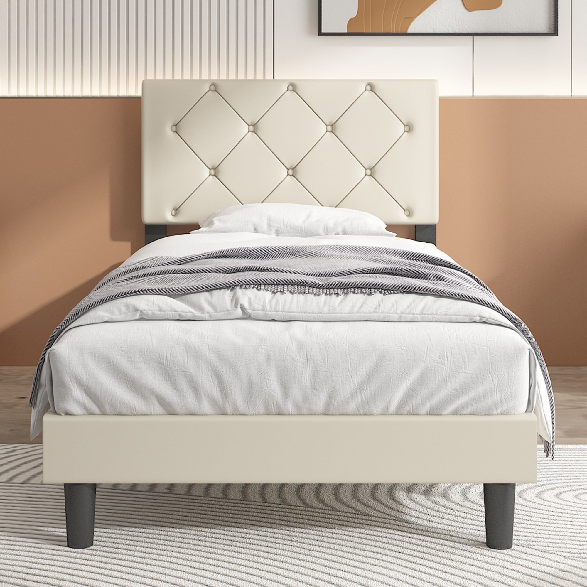 uhomepro Beige Twin Bed with Adjustable Faux Leather Upholstered Headboard, Modern Platform Bed Frame for Bedroom with Wood Slats Support, No Box Spring Needed