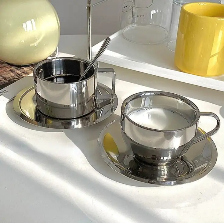 Quirkyquests Stainless Steel Coffee Cup and Saucer