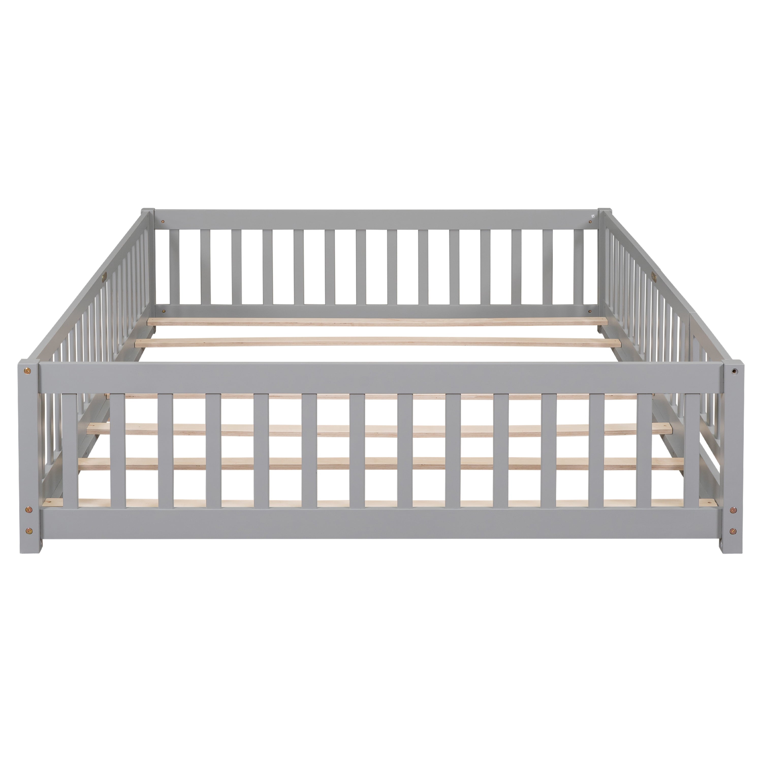 uhomepro Queen Size Wood Floor Bed Frame with Fence and Door for Kids, Toddlers, Gray