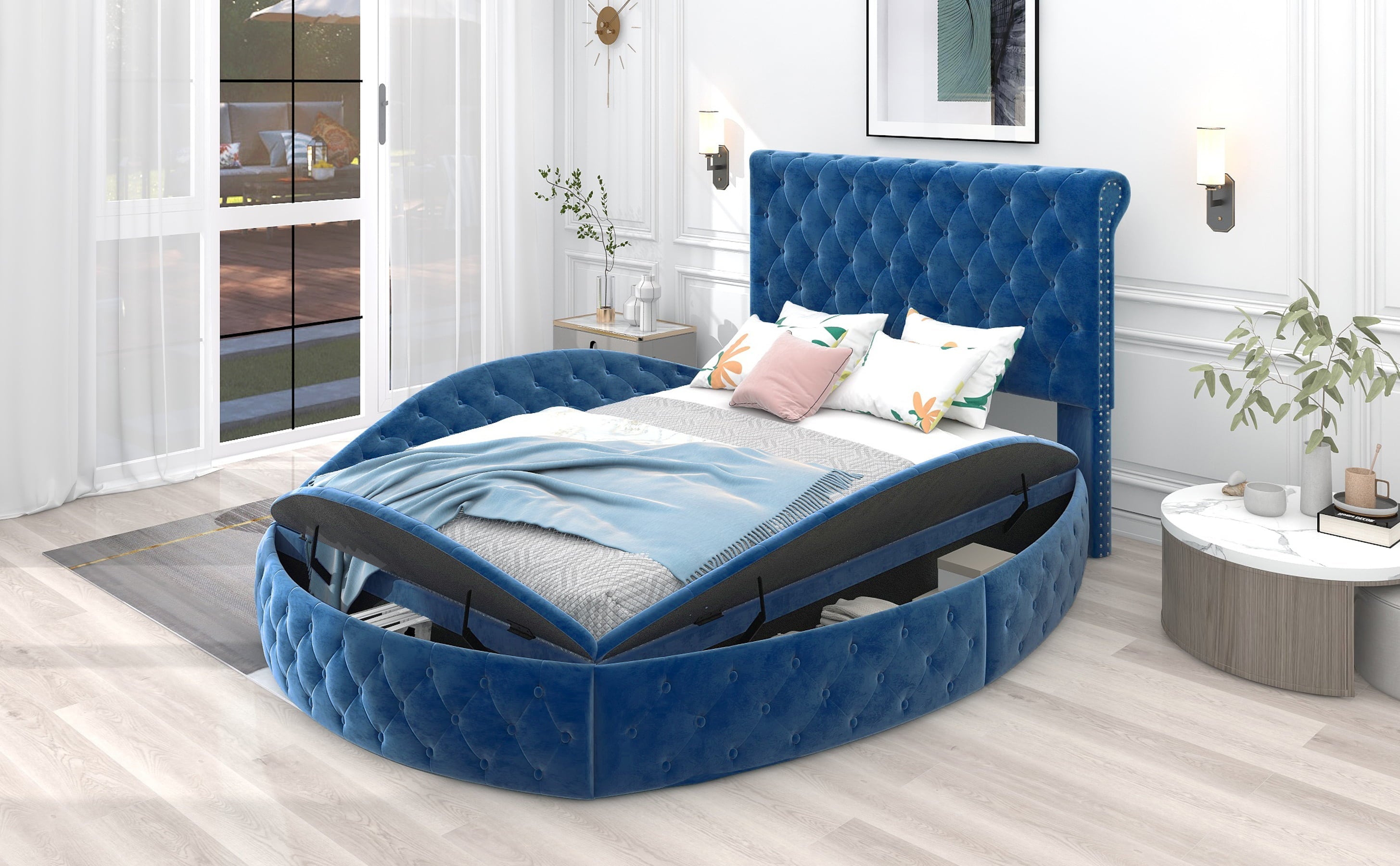 Full Round Upholstery Kids Platform Bed with Storage on Both Sides , Blue