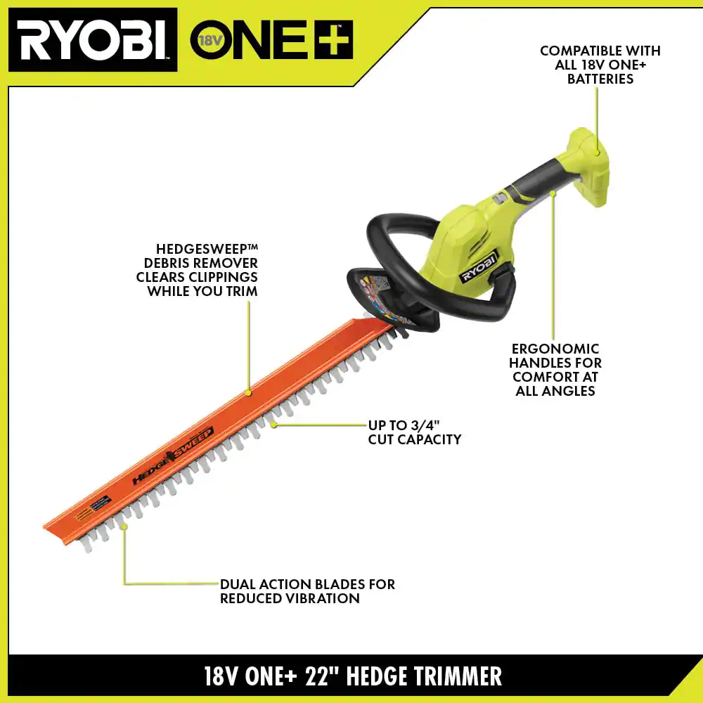 RYOBI P2609BTLVNM ONE+ 18V 22 in. Lithium-Ion Cordless Hedge Trimmer (Tool Only)
