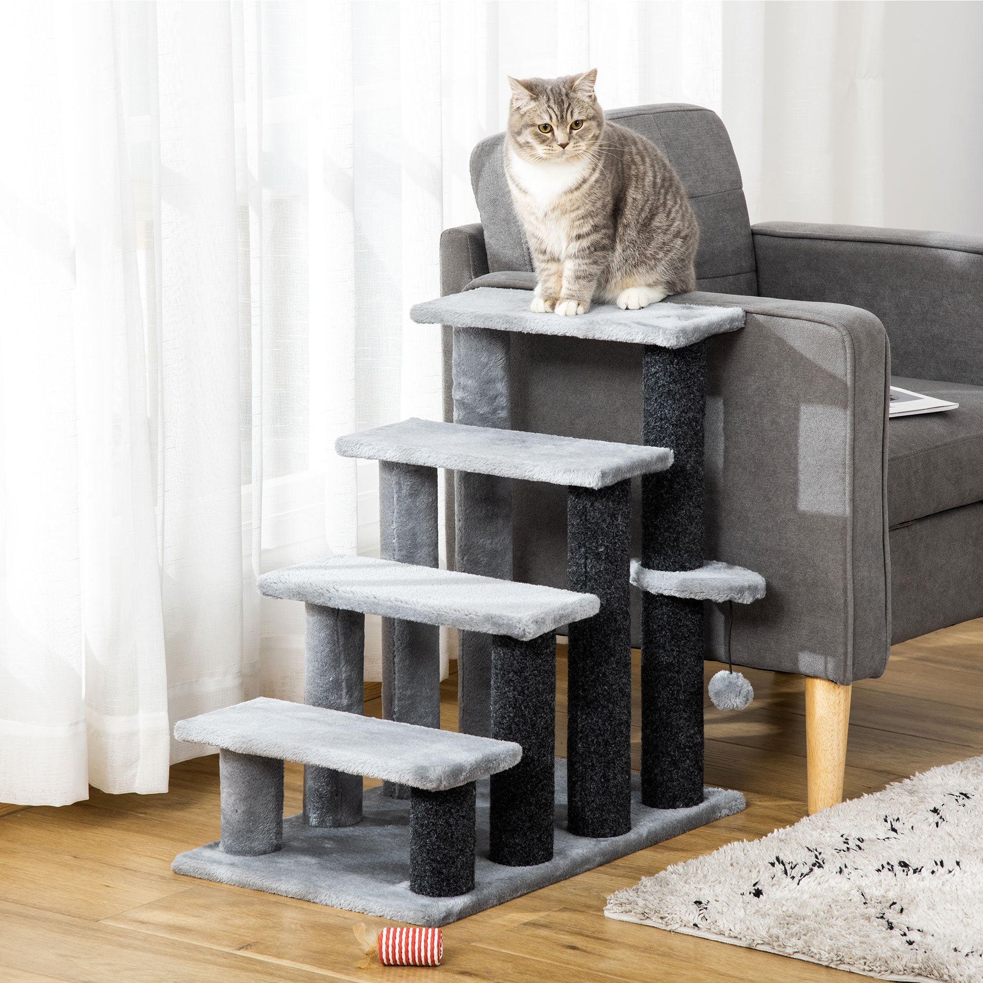 PawHut 4-Level Cat Stair Ladder， Kitten Tree Climber， with Hanging Play Ball， Steps for Bed， Sofa， Light Grey