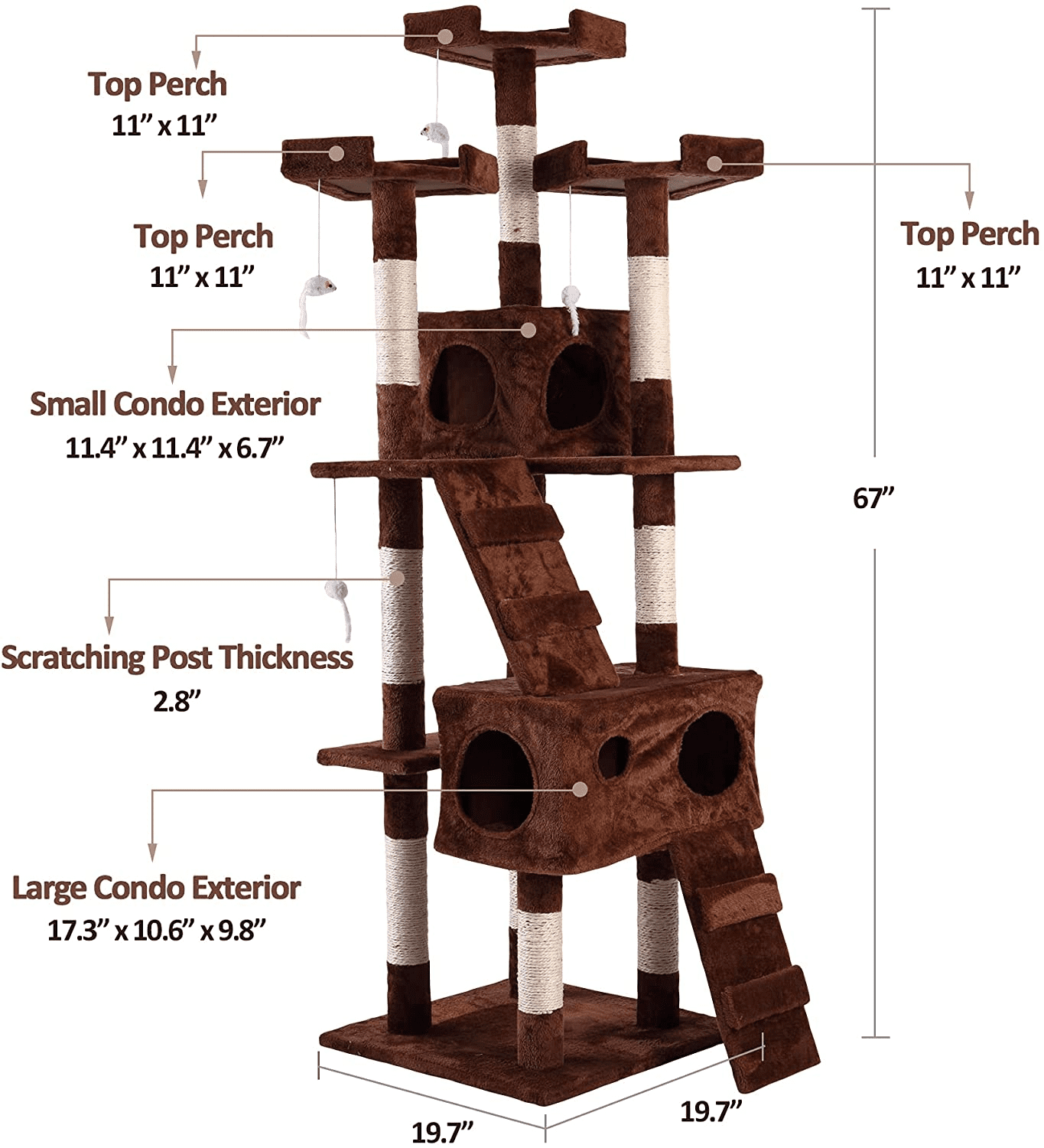 Jaxpety 67-in Cat Tree and Condo Scratching Post Tower， Brown