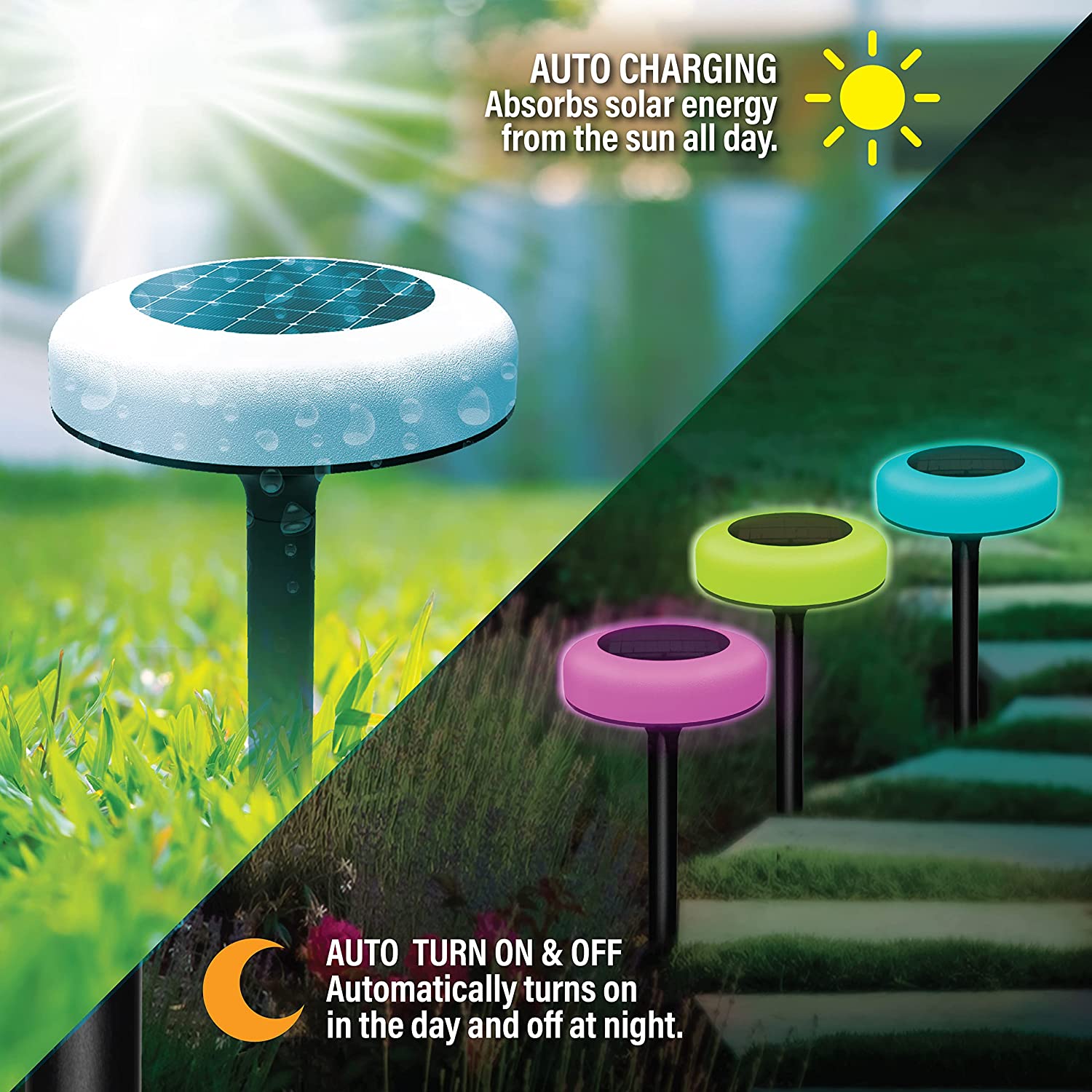 Bell and Howell Color Disk Lights Solar Pathway LED Lights Auto On/Off Solar Outdoor Lights