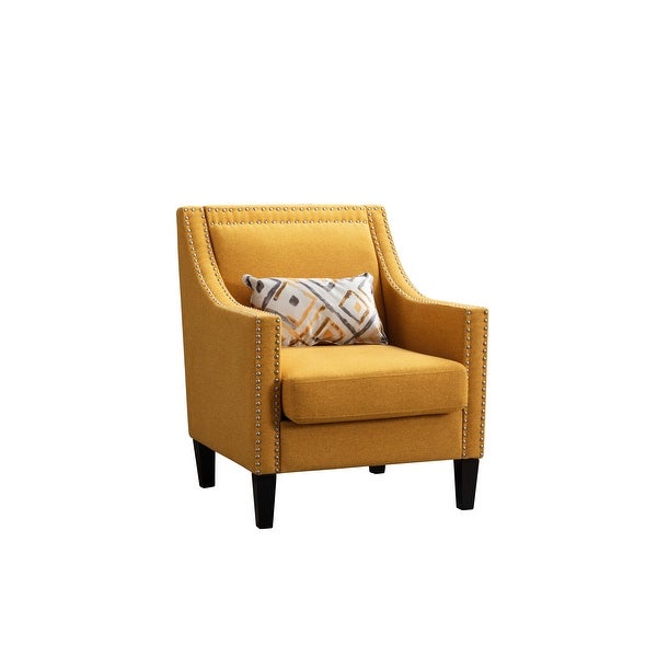 Modern Accent Armchair with Nailheads Trim(from Bottom to Top) and Wood Legs， Barrel Chair with Curved edges， Yellow