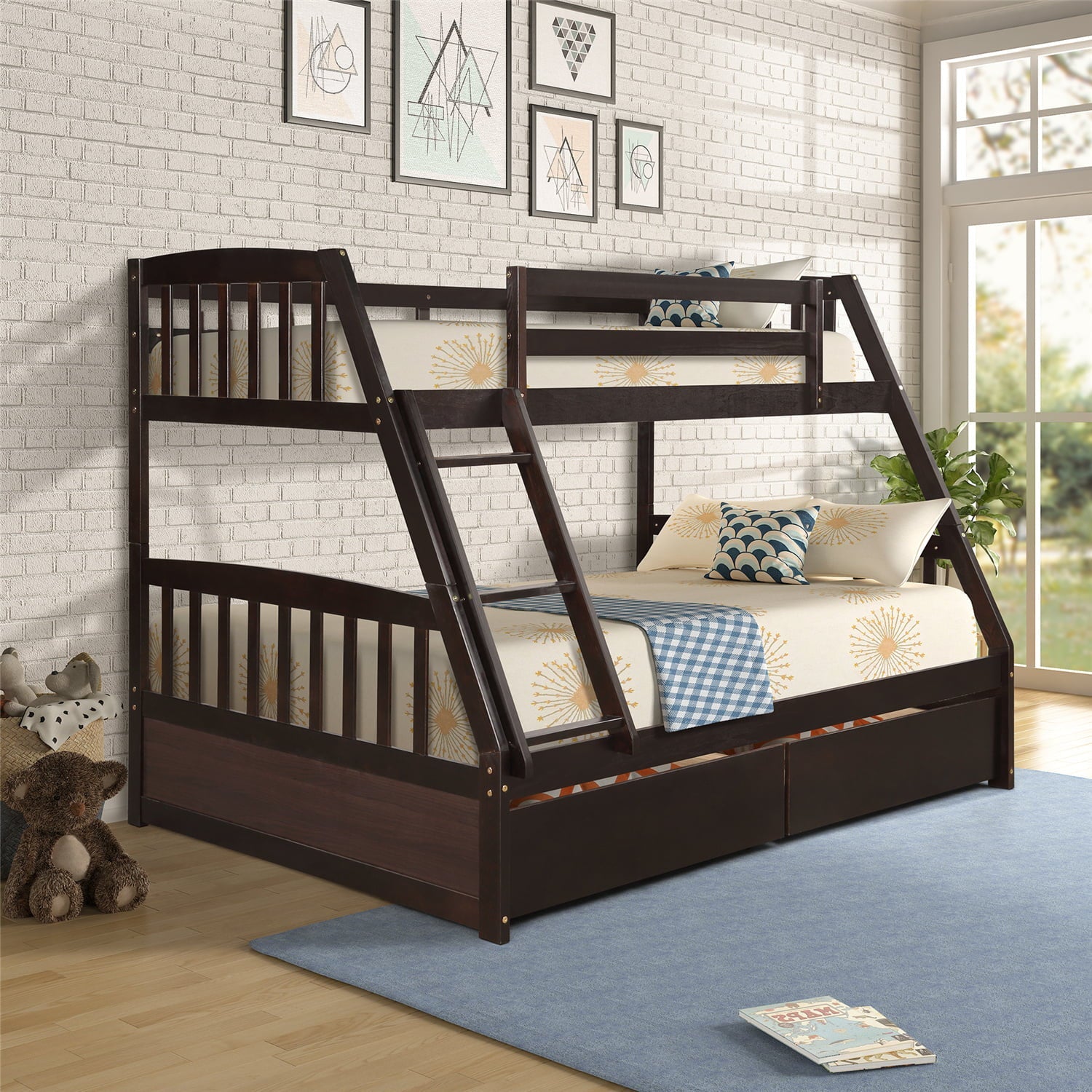 Twin Over Full Bunk Bed with Two Storage Drawers, Pine Wood Bed Frame and Ladder with Guard Rails for Toddlers, Kids, Teens, Boys and Girls, Espresso