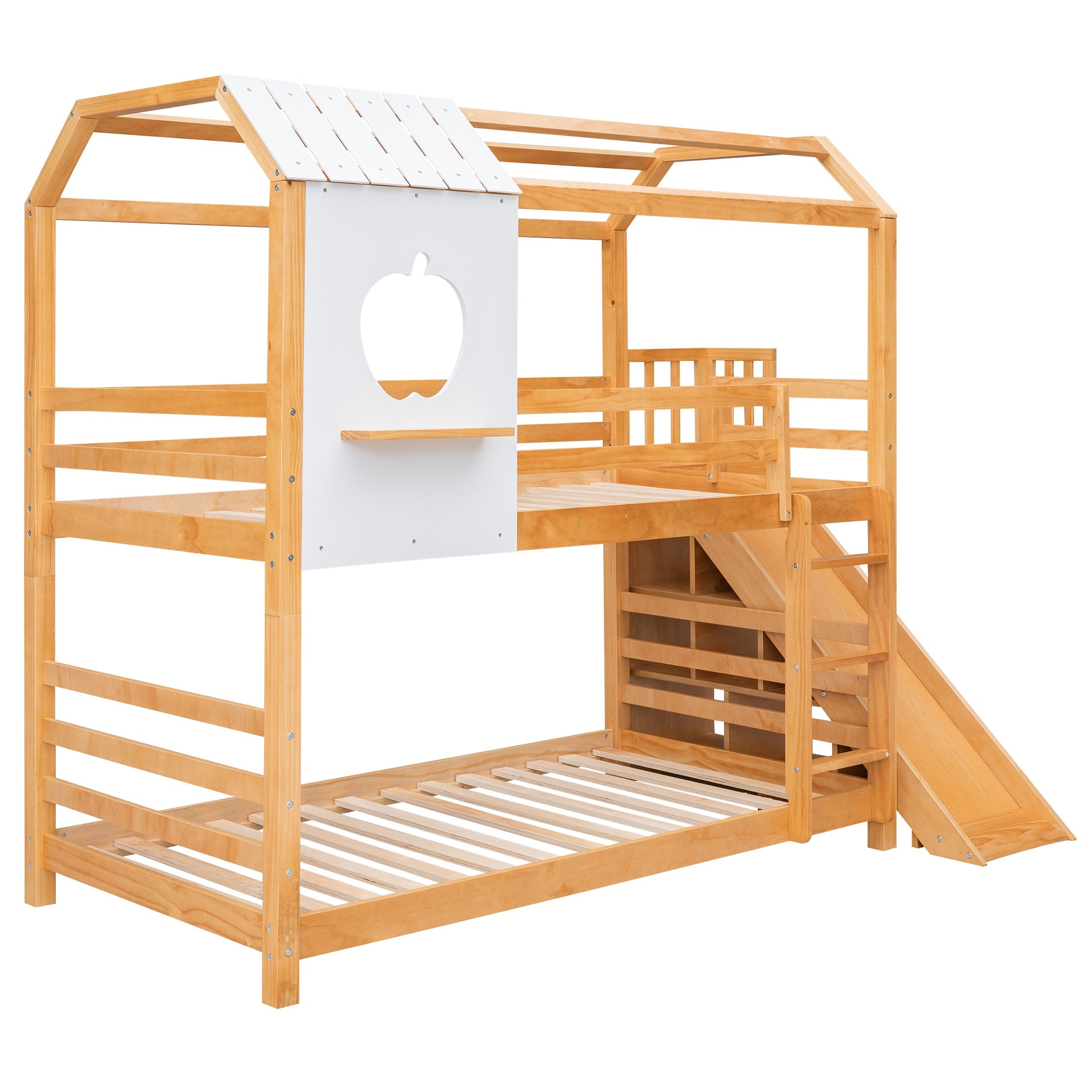 Twin Size House Bunk Bed with Slide and Shelf for Kids Bedroom, Natural