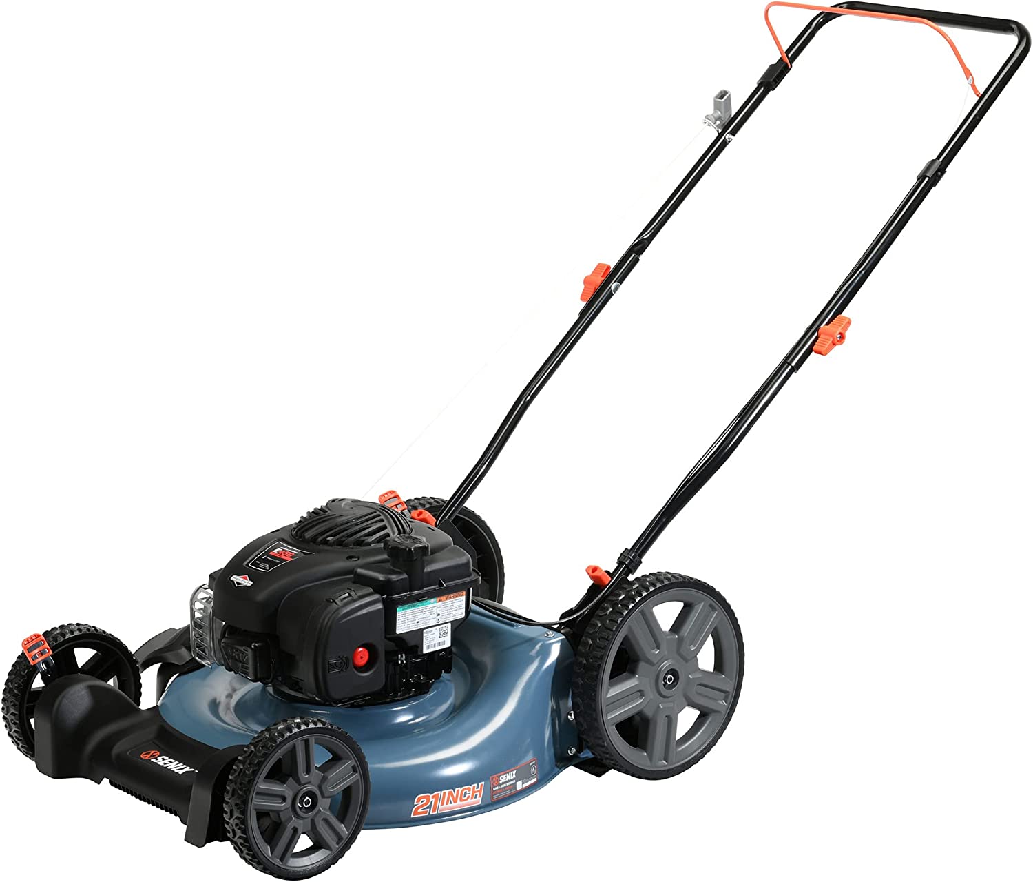 SENIX Gas Lawn Mower， 21-Inch， 140 cc 4-Cycle Briggs and Stratton Engine， 2-in-1 Push Lawnmower， 6-Position Height Adjustment with 11-Inch Rear Wheels， LSPG-M6， Blue