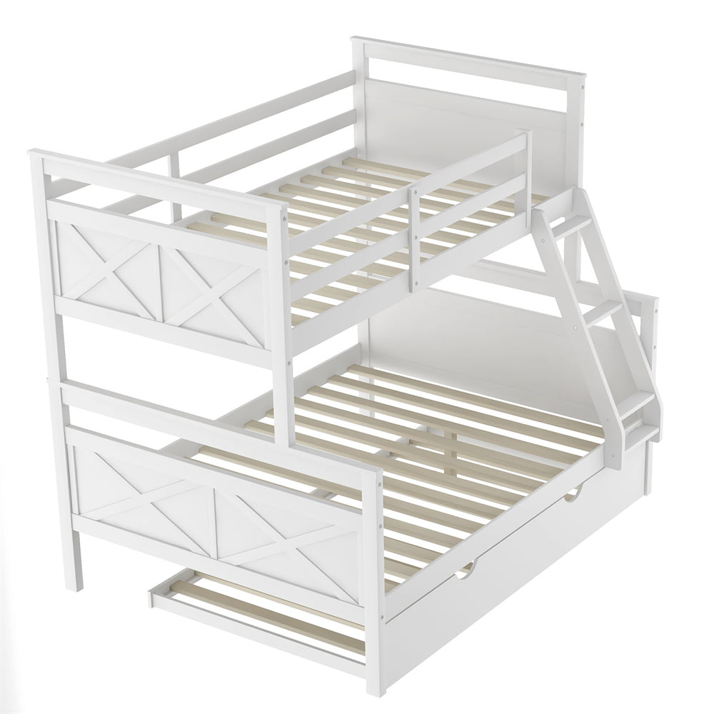 Twin Over Full Bunk Bed, Solid Wood Bed Frame with Trundle, Ladder and Safety Guardrail for Kids Guest Room Bed (White)