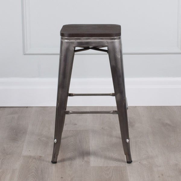 (Set of 2) Williston Modern Industrial Elm Wood Seat Counter 26” Backless Stool