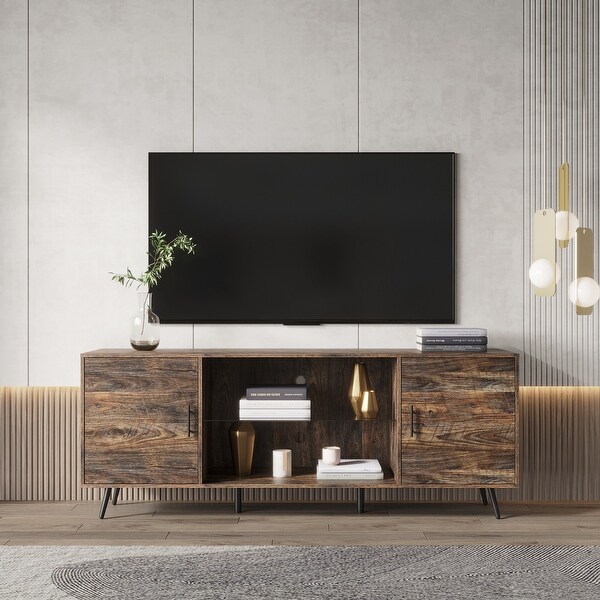 Wood TV Stand with Adjustable Door Storage Cabinet for Living Room
