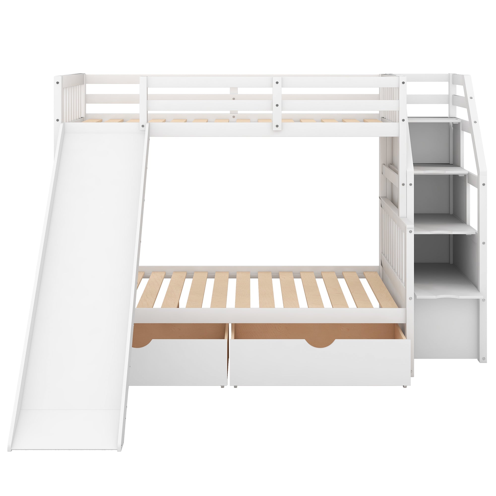 Bellemave Twin Over Full Bunk Bed with Stairs and Slide, Solid Wood Bunk Bed Frame with Storage Drawers for Kids Boys Girls Teens （White)