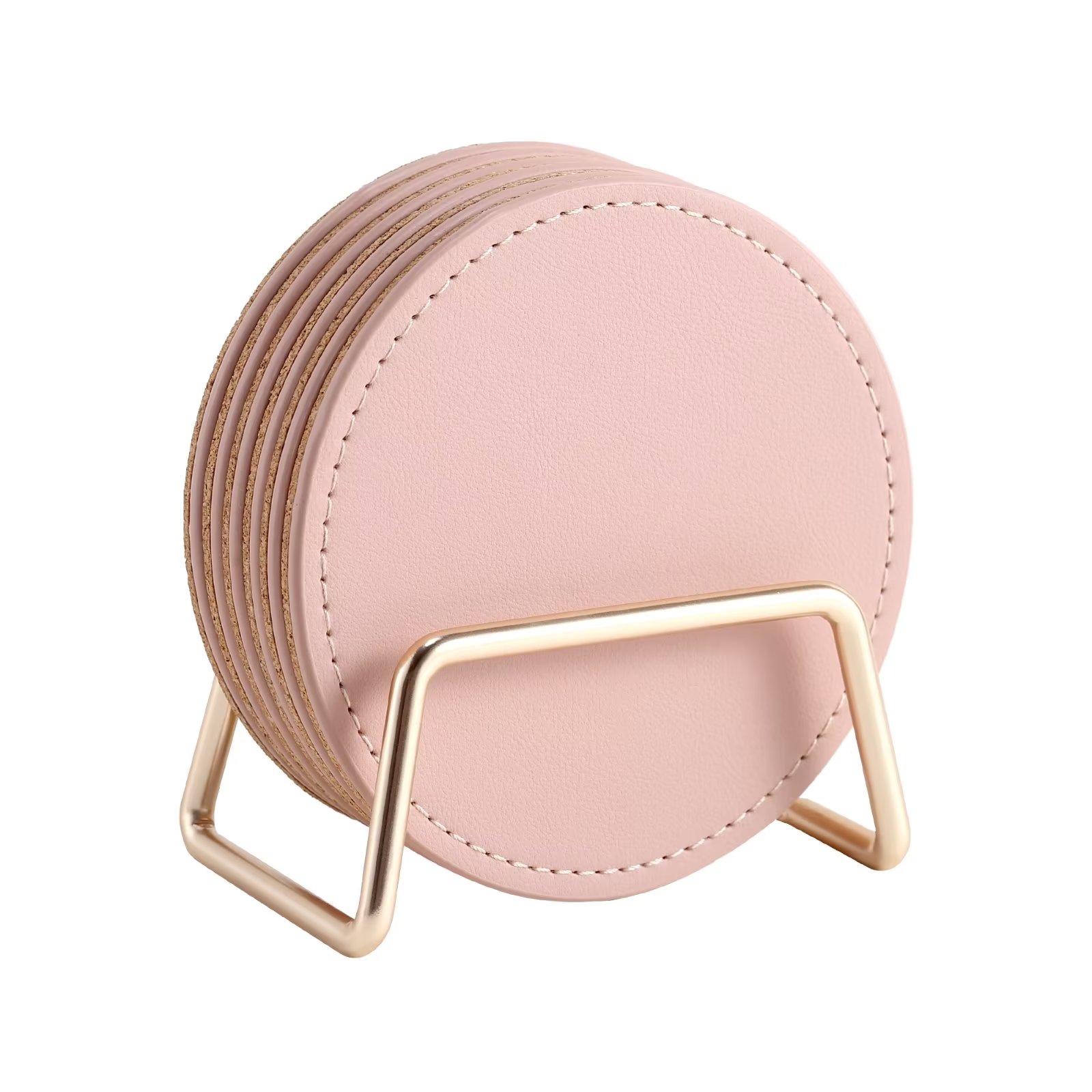 Casegrace Set of 6 Leather Coasters With Metal Holder Home Decorative Waterproof Cup Mat Kitchen Desktop Drink Coaster Set with Cork Base Pink