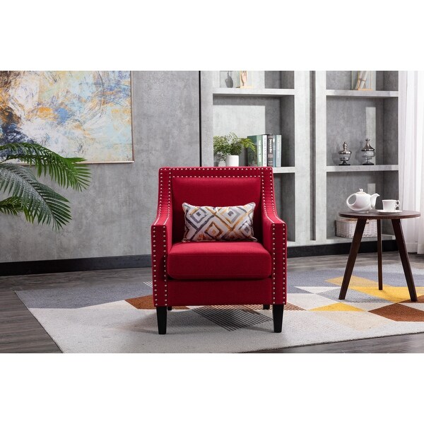 Modern Leisure Curved Edges Barrel Chair with Nailheads and Solid Wood Legs， Upholstered with Linen Fabric