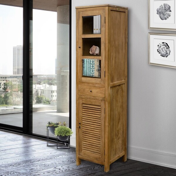 Recycled Teak Wood Louvre Cabinet with Drawer， Louvered Door and Glass Door - N/A - - 34818800