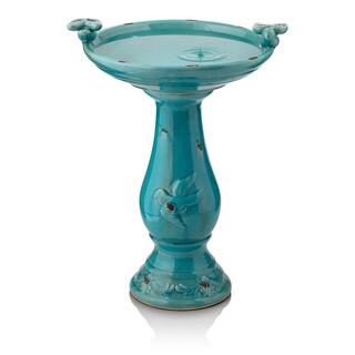 Alpine Corporation 24 in. Tall Outdoor Ceramic Antique Pedestal Birdbath with 2 Bird Figurines， Turquoise TLR102TUR