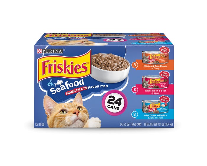 Purina Friskies Prime Filets Seafood Favorites Adult Wet Cat Food Variety  Pack， (24) 5.5 oz. Cans