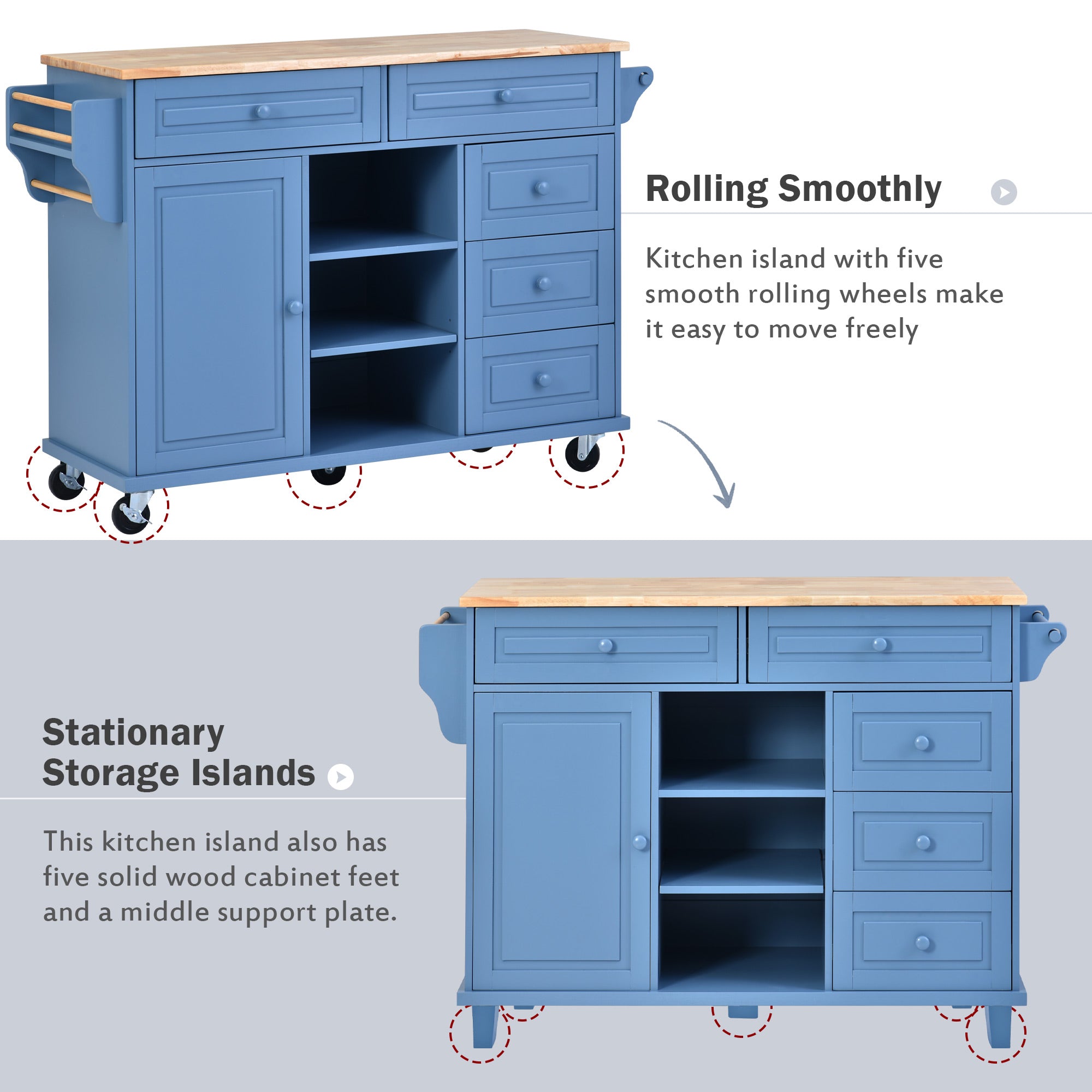 Kitchen Cart with Storage Cabinet， Rolling Mobile Kitchen Island with Adjustable Shelves and 5 Drawers， 53