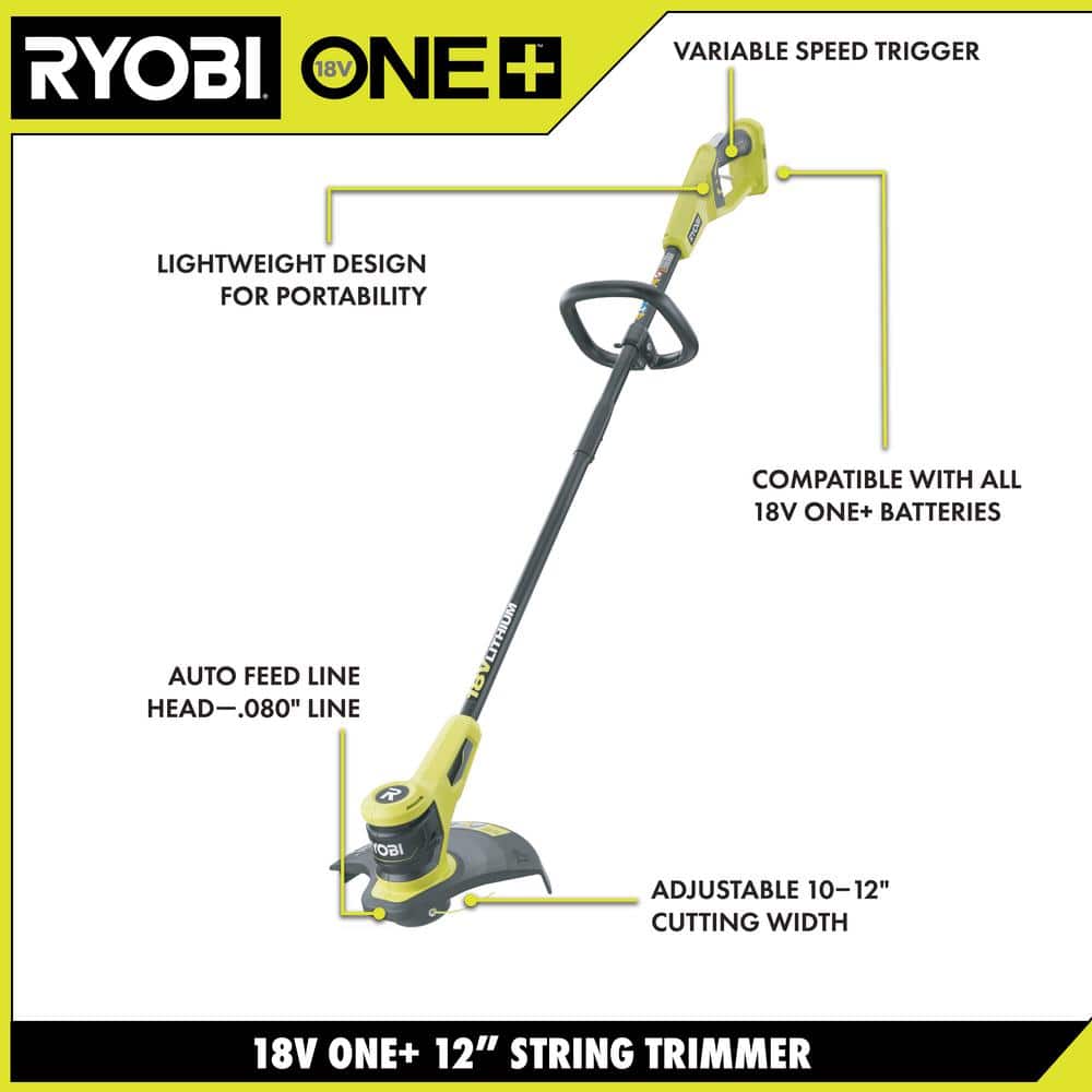 RYOBI P20100-AC ONE+ 18V 12 in. Cordless Battery String Trimmer with Extra 3-Pack of Spool， 2.0 Ah Battery and Charger