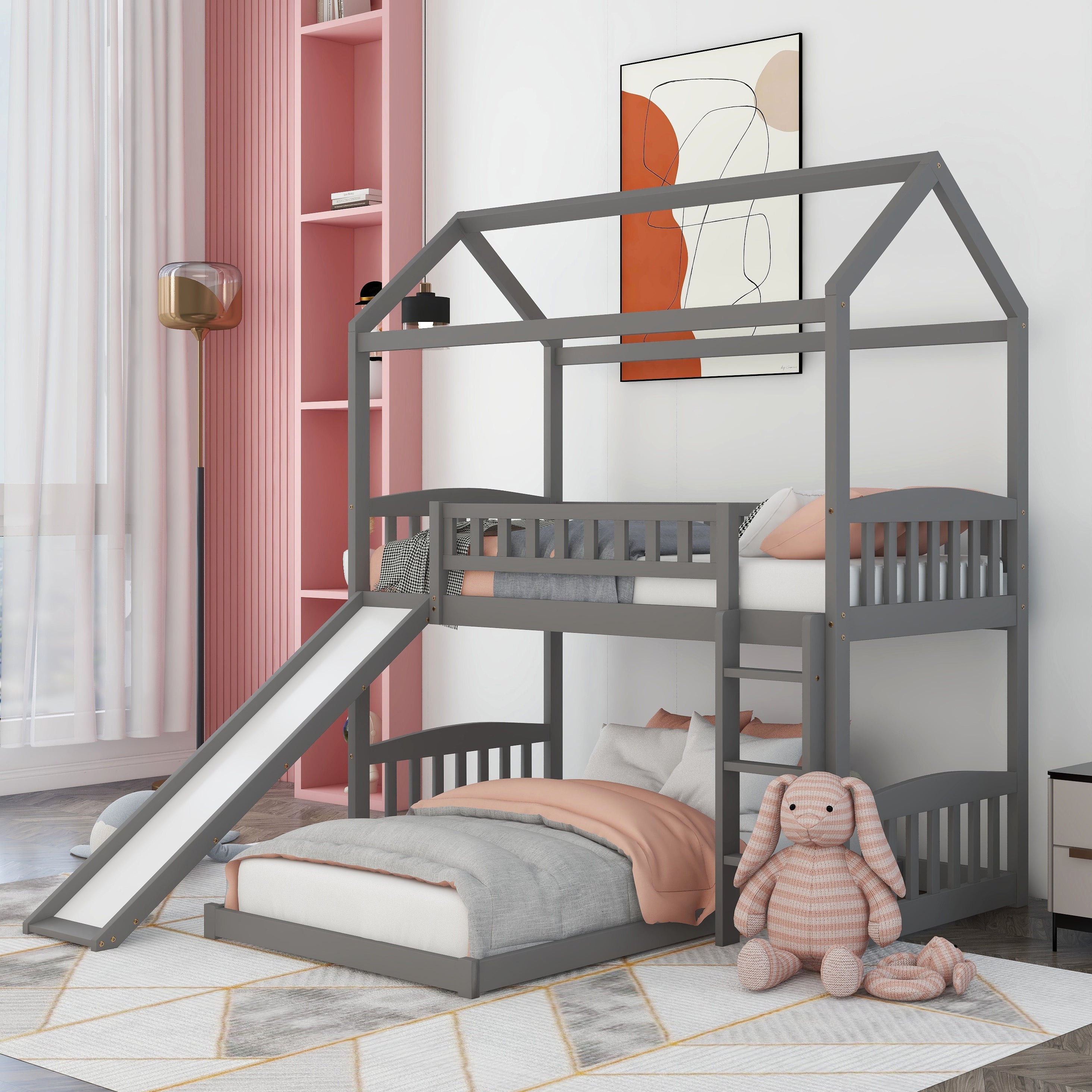 Bellemave House Bunk Bed with Slide, Wood Twin Over Twin L-Shape Bunk Bed Frame with Ladder for Kids Teens (Grey)