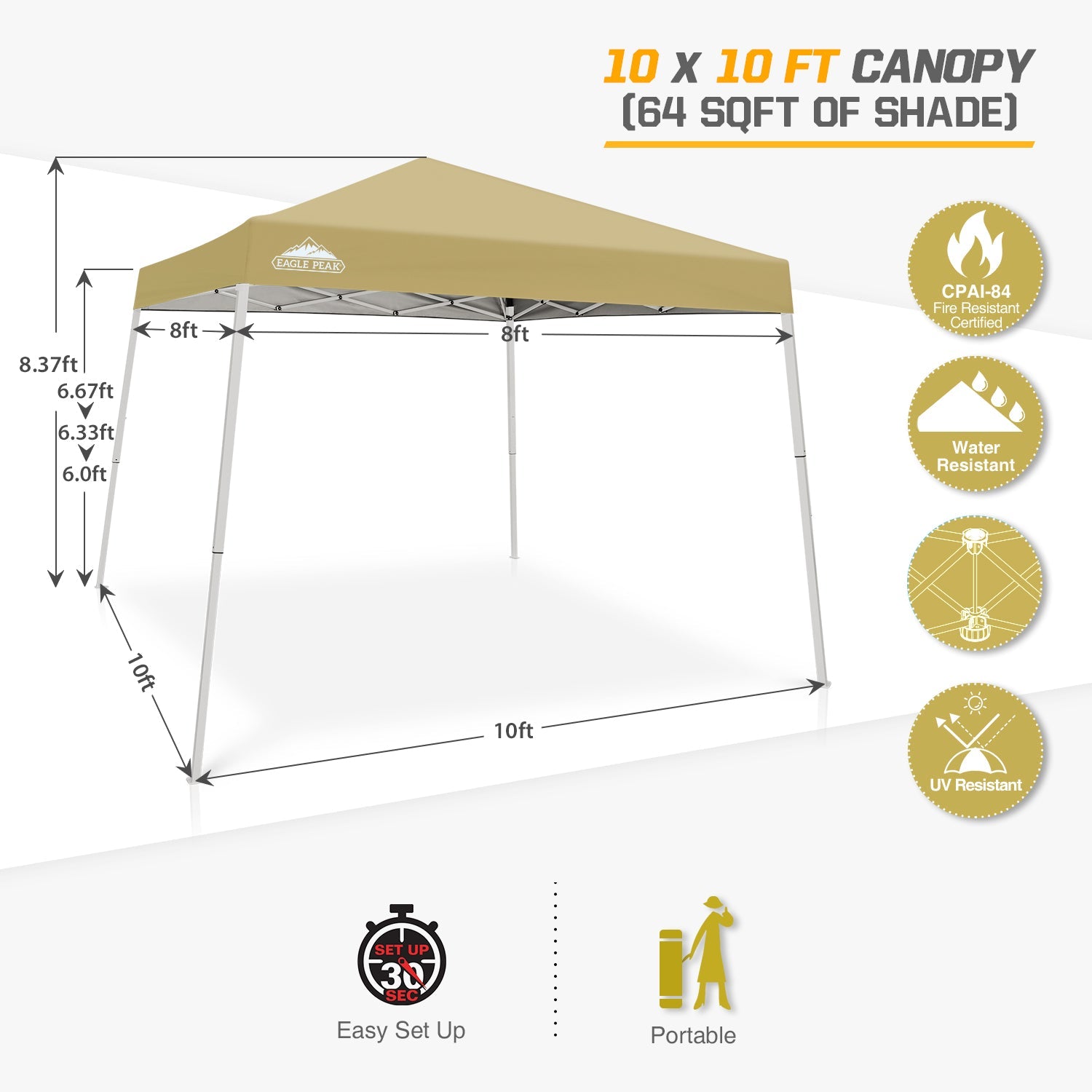 EAGLE PEAK 10' x 10' Slant Leg Pop-up Canopy Tent Easy One Person Setup Instant Outdoor Canopy Folding Shelter with 64 Square Feet of Shade (Beige)
