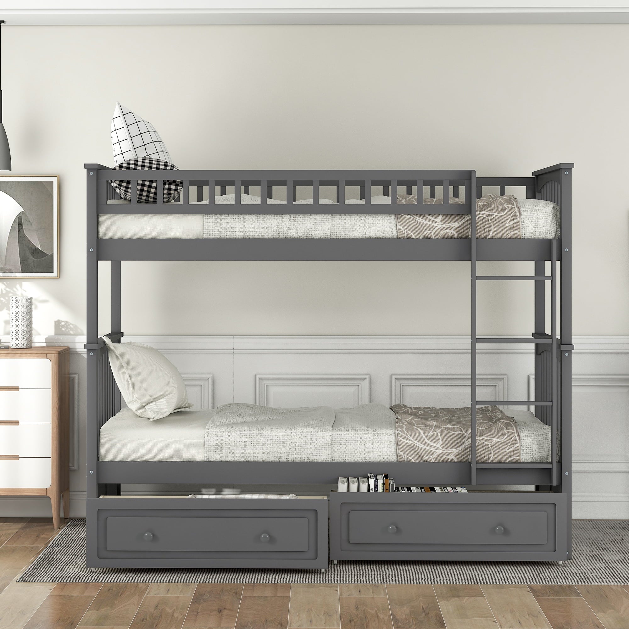 Euroco Pine Wood Bunk Bed With Storage, Twin-Over-Twin, Gray