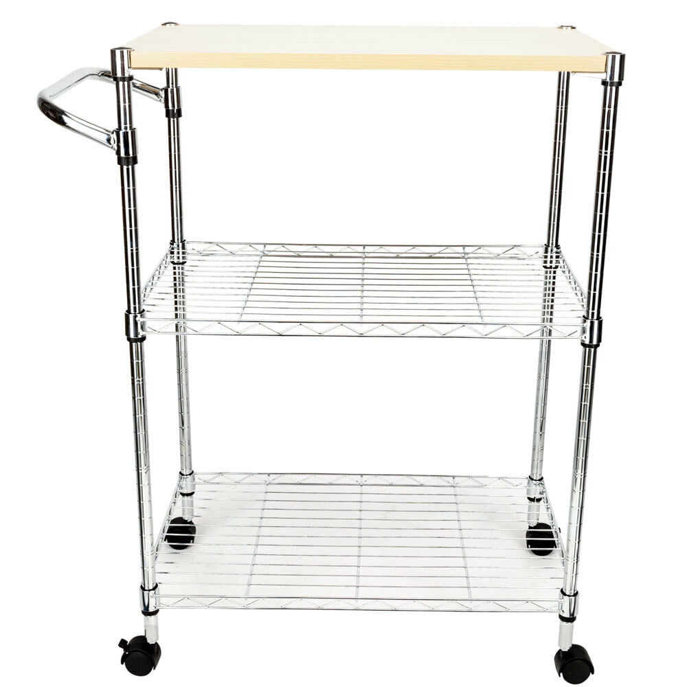 Zimtown 3-Tier Rolling Kitchen Trolley Cart，  Microwave Utility Storage Serving Cart with Wooden Table and Handle， 66 lbs Per Shlef