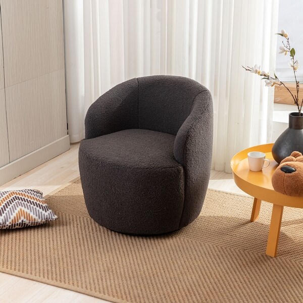 Teddy Fabric 360掳Swivel Chair Accent Armchair Barrel Chair With Black Point Round Swivel Base， Dark Gray