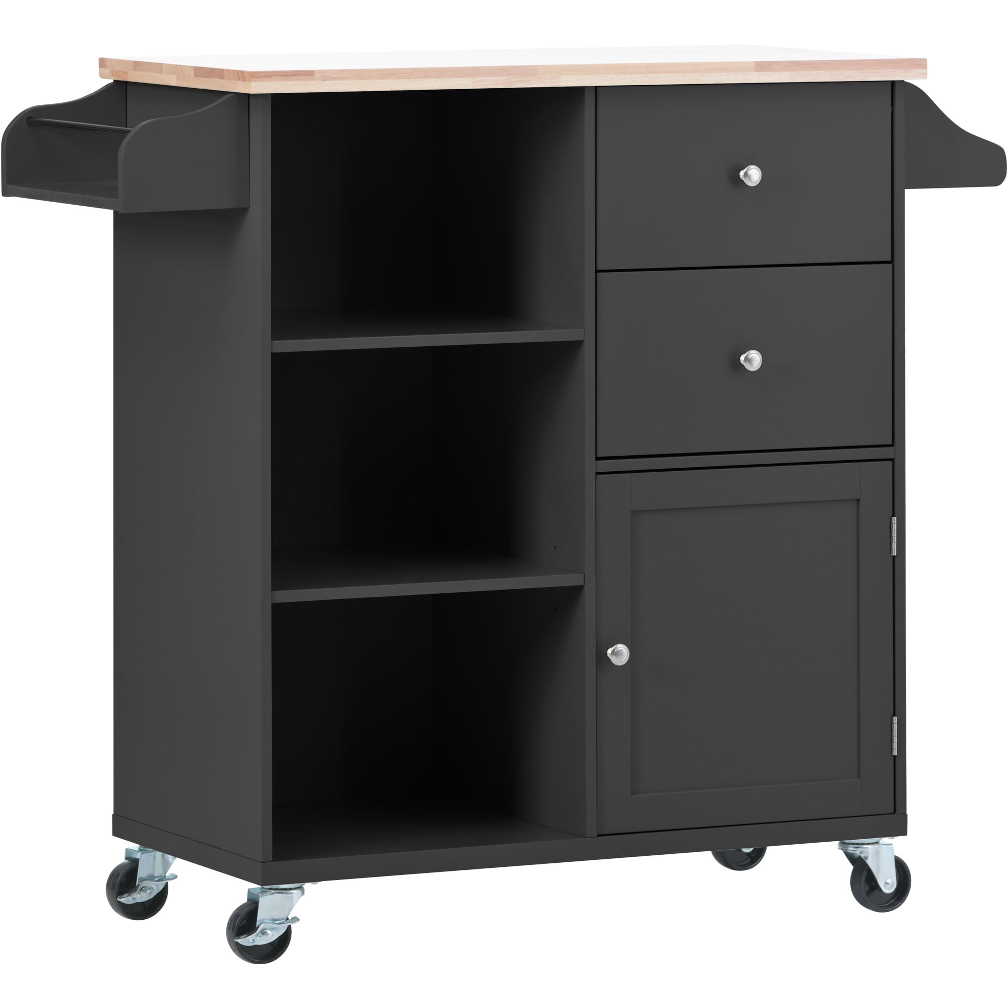 Kitchen Cart with Wheels， HSUNNS Wood Top Kitchen Island Cart with Storage Drawers|Open Shelves|Spice Rack|Towel Rack， Rolling Kitchen Cabinet Trolley Cart， Black