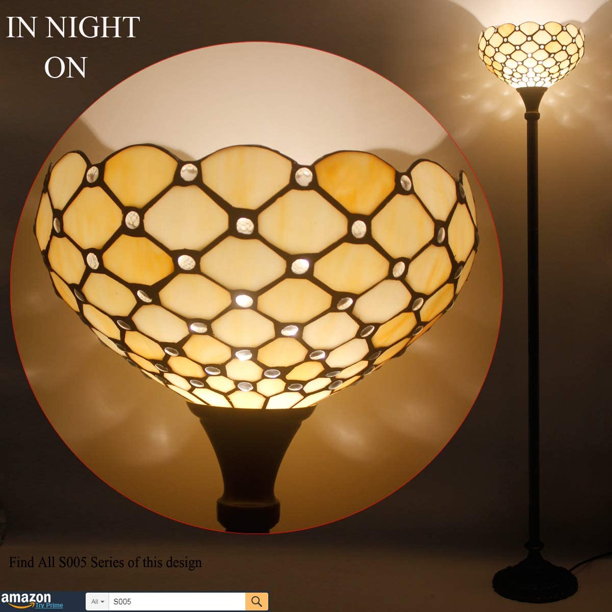 BBNBDMZ  Floor Lamp Cream Amber Stained Glass Bead Light 12X12X66 Inches Pole Torchiere Standing Corner Torch Uplight Decor Bedroom Living Room  Office (LED Bulb Included) S005 Ser
