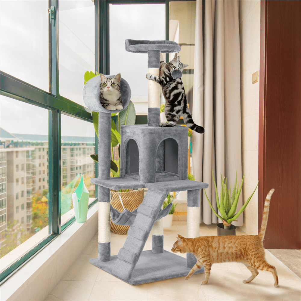 Yaheetech 51-in Cat Tree and Condo Scratching Post Tower， Light Gray
