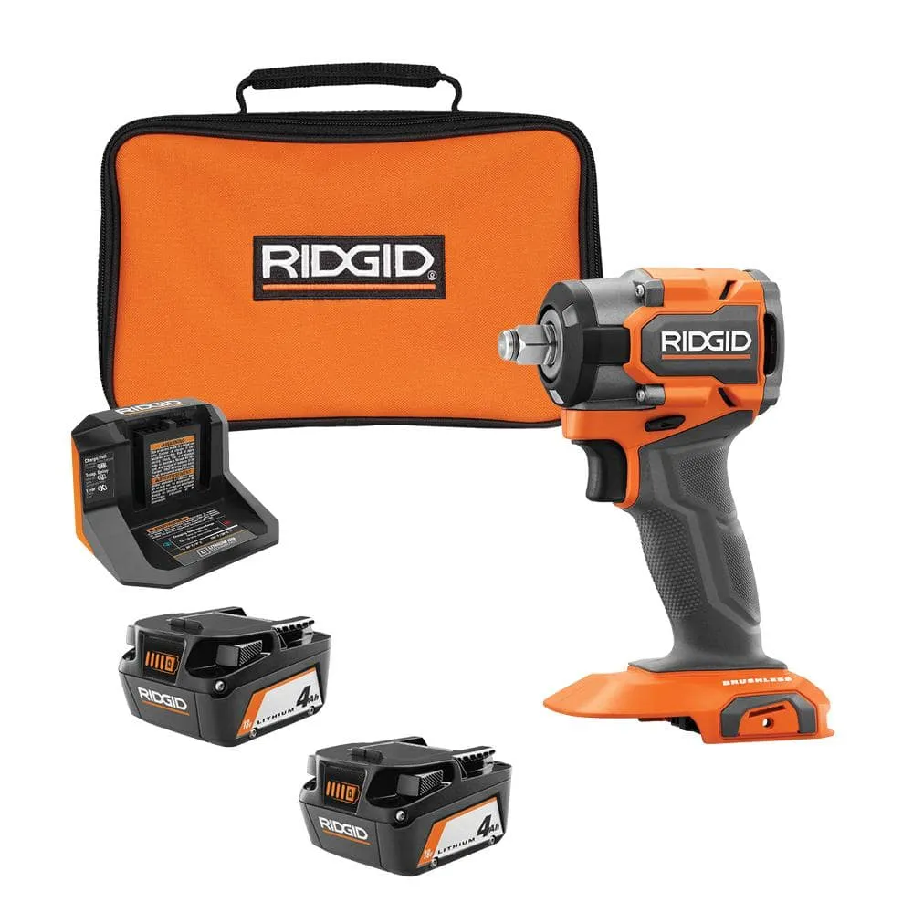 RIDGID 18V SubCompact Brushless Cordless 1/2 in. Impact Wrench with (2) 4.0 Ah Batteries, Charger, and Bag R872081B-AC93044SBN