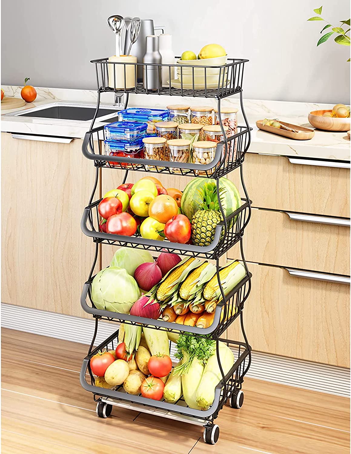 Fruit and Vegetable Basket， 5 Tier Metal Wire Stackable Kitchen Storage Rack for Kitchen， Bathroom， Pantry