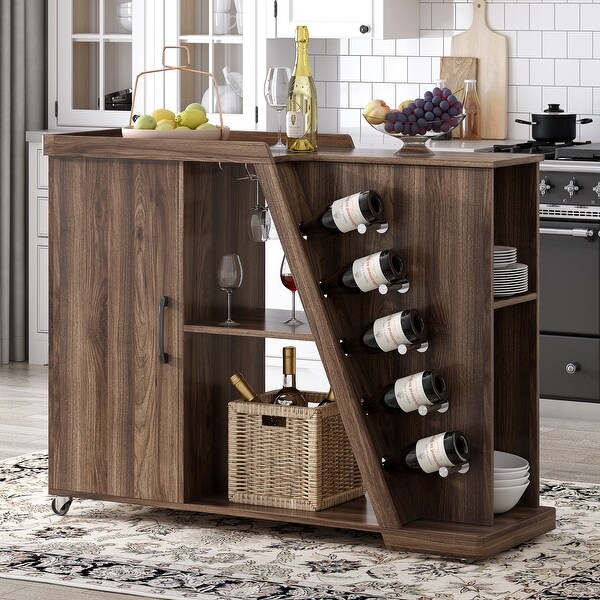 Kitchen Island Cart on Wheels with Adjustable Shelf and 5 Wine Holders， Storage Cart for Dining Room， Kitche - - 36413494