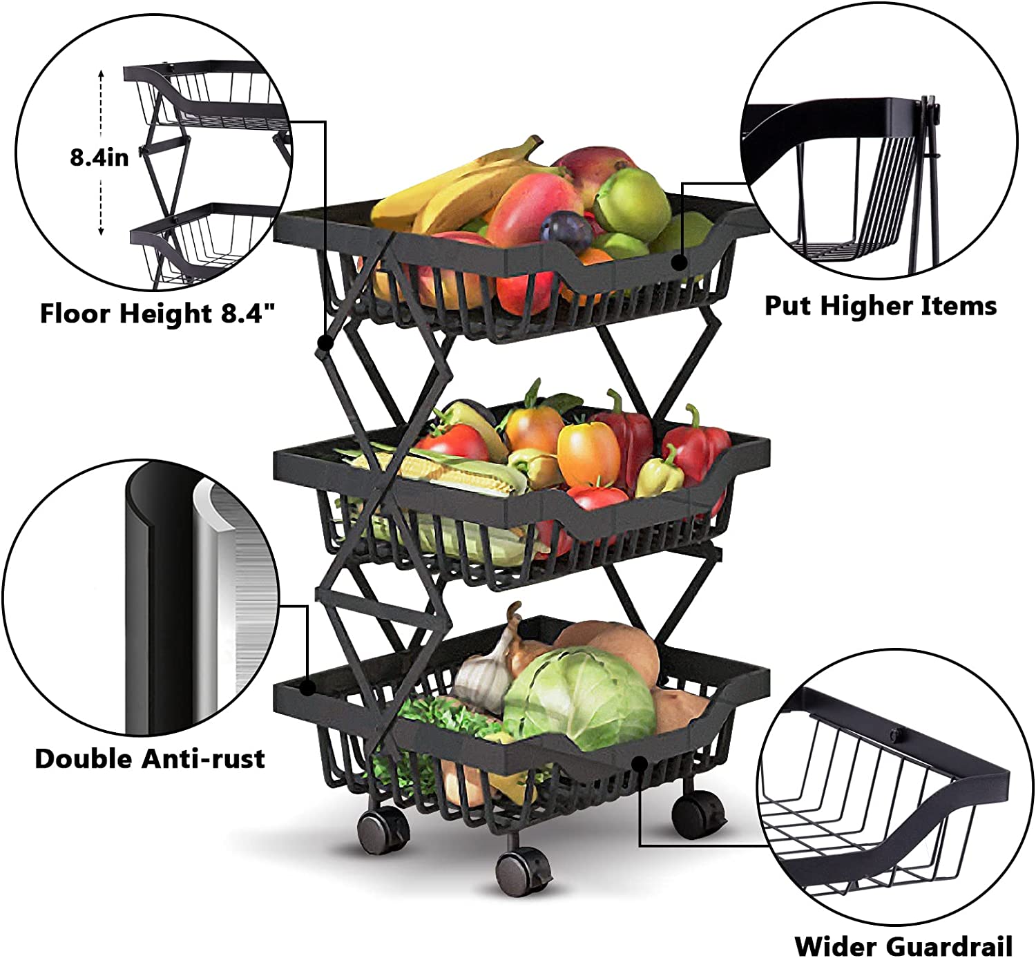 Fruit Basket for Kitchen - 3 Tier Basket Stand - Foldable Fruit and Vegetable Storage Cart with Detachable Wheels - Potato and Onion Storage - Basket Storage Tower for Kitchen， Pantry， Bathroom