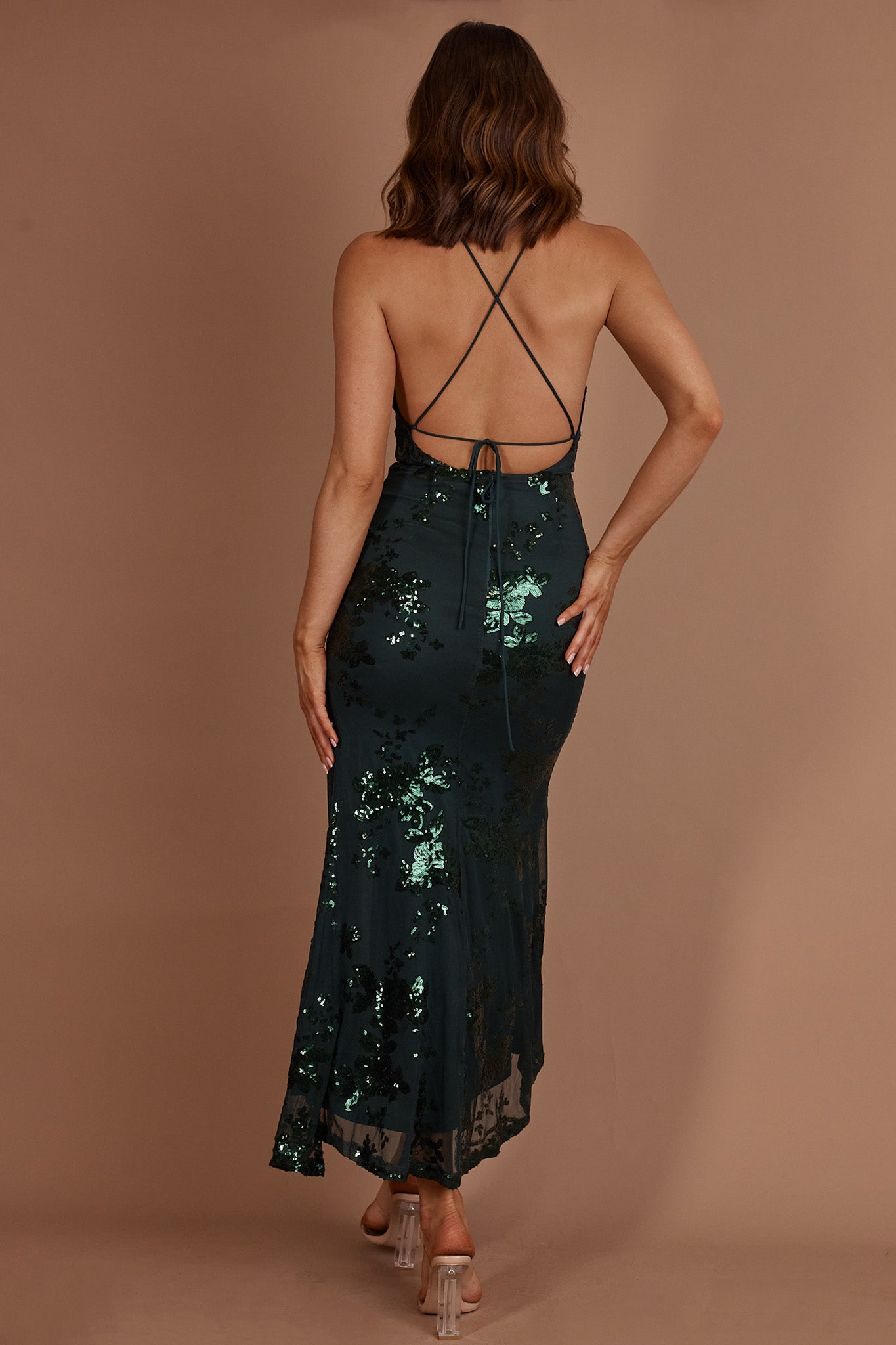 Haylan Sequin Backless Midi Dress Forest Green