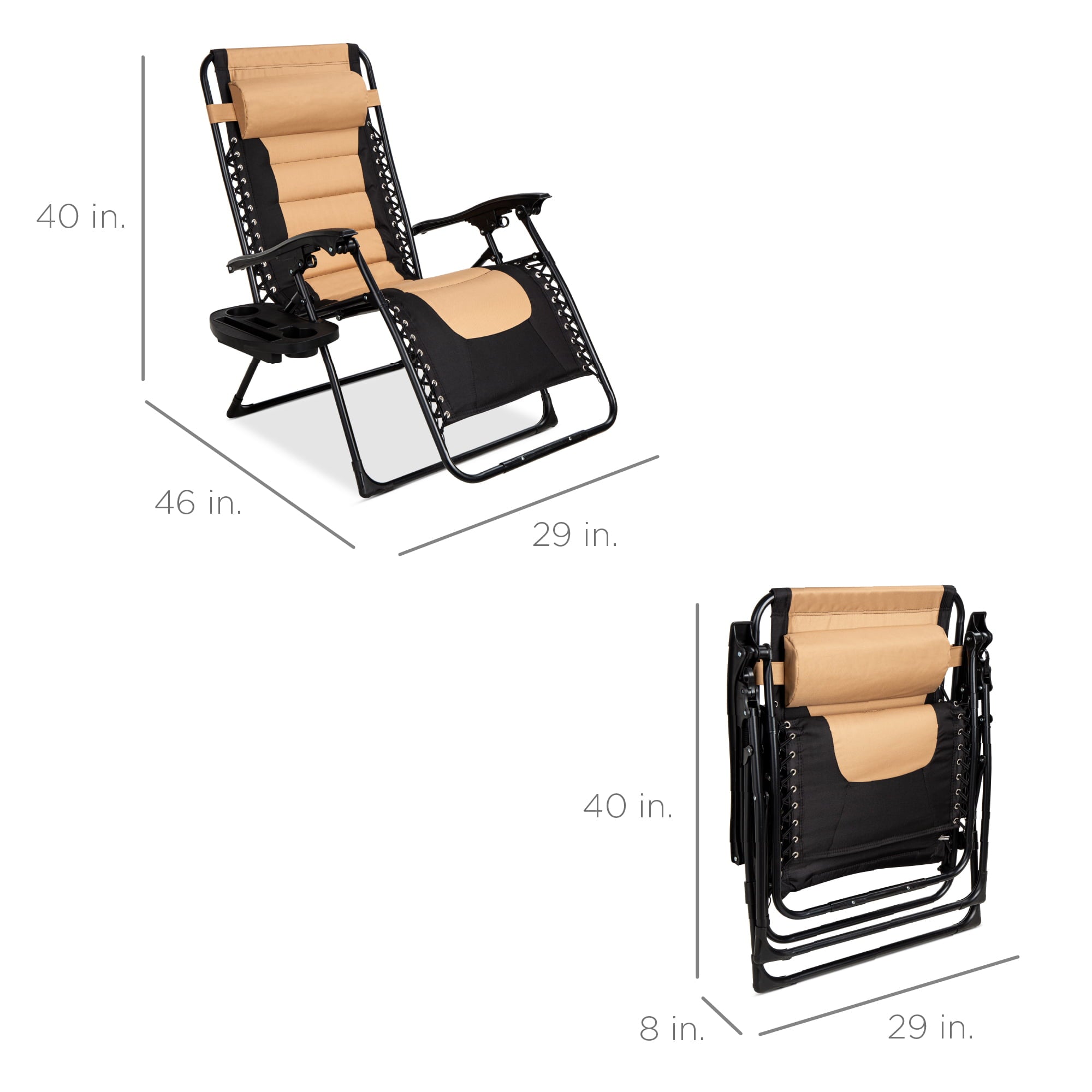 Best Choice Products Oversized Padded Zero Gravity Chair, Folding Outdoor Patio Recliner w/ Headrest, Side Tray - Tan