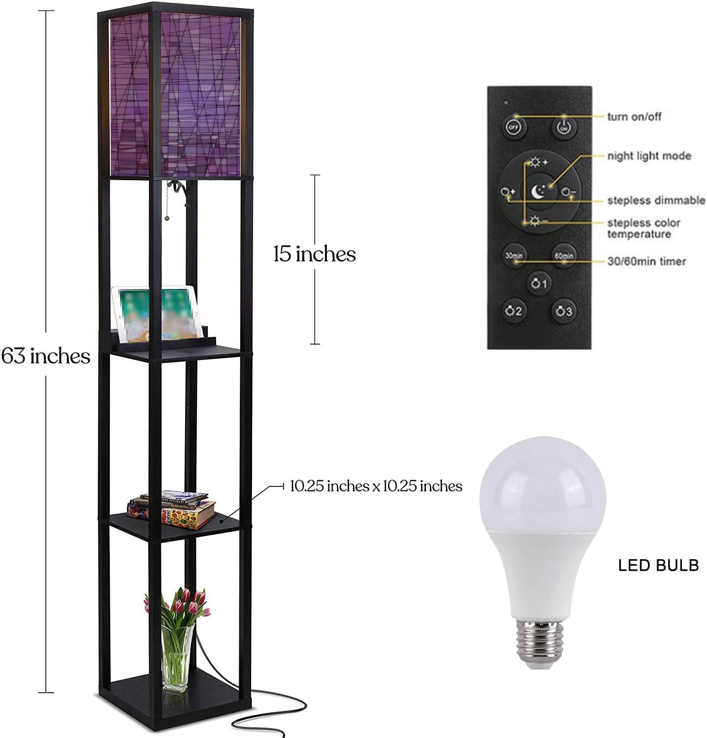 SHADY Abstract Stained Glass Mosaic  Violet Floor Lamp with Shelves USB Ports &amp; Power Outlet Linen Fabric Shade Corner Standing Lamp for Living Room