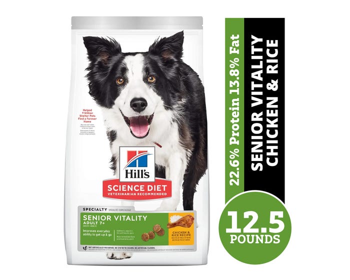 Hills® Science Diet® Adult 7+ Senior Vitality Chicken  Rice Recipe Dry Dog Food， 12.5 lb. Bag