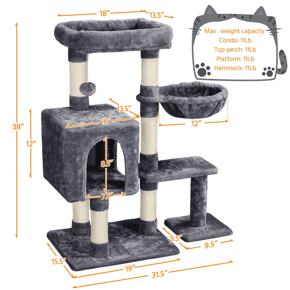 Topeakmart 38-in Cat Tree Scratching Post Tower with Plush Perch and Basket， Dark Gray