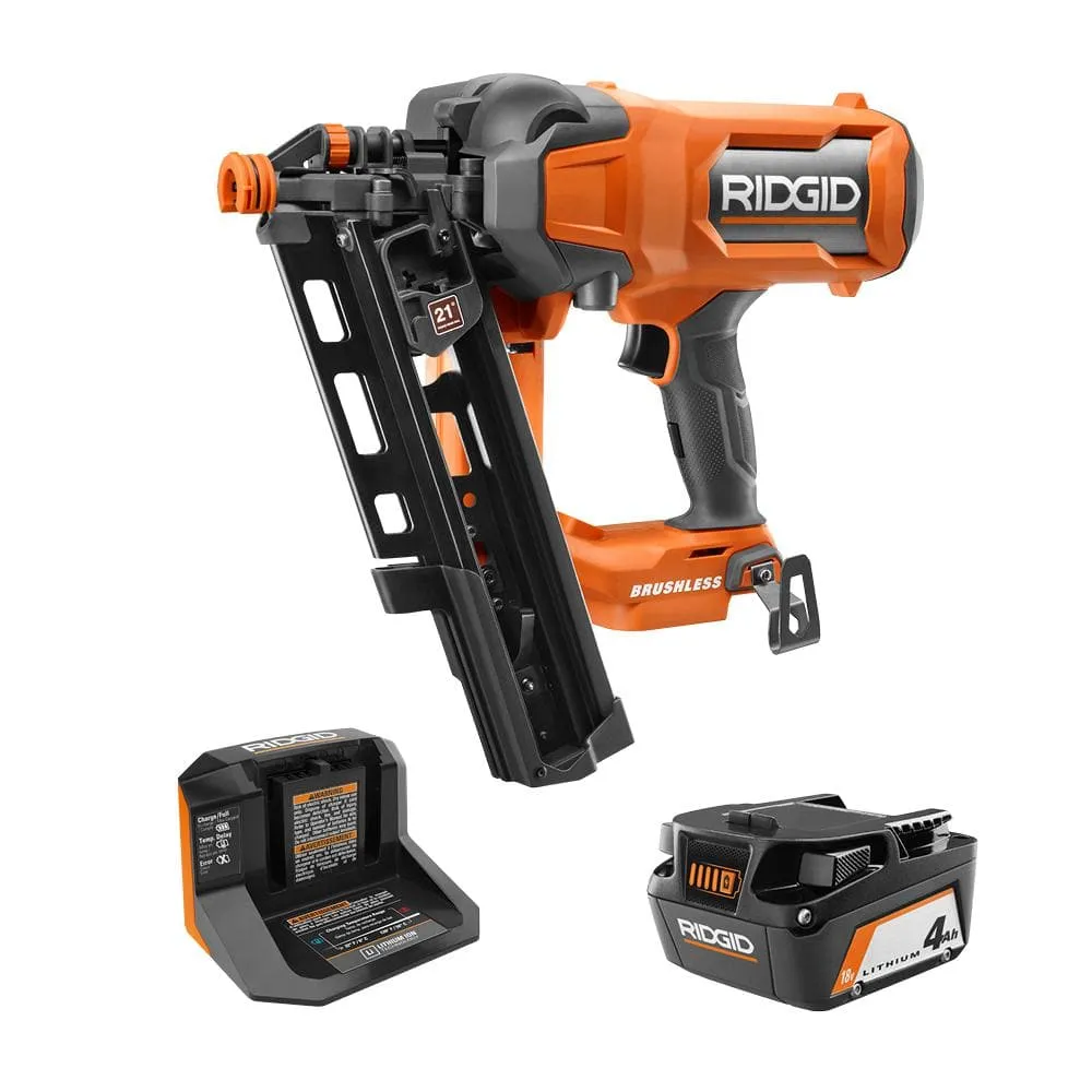 RIDGID 18V Brushless Cordless 21° 3-1/2 in. Framing Nailer Kit with 4.0 Ah Battery and Charger R09894KN
