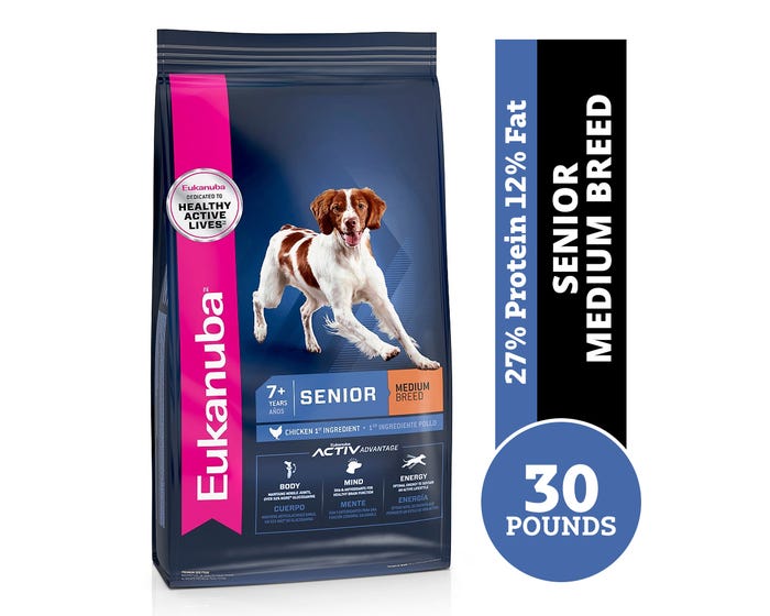 Eukanuba Senior Medium Breed Chicken Formula Dry Dog Food， 30 lb. Bag