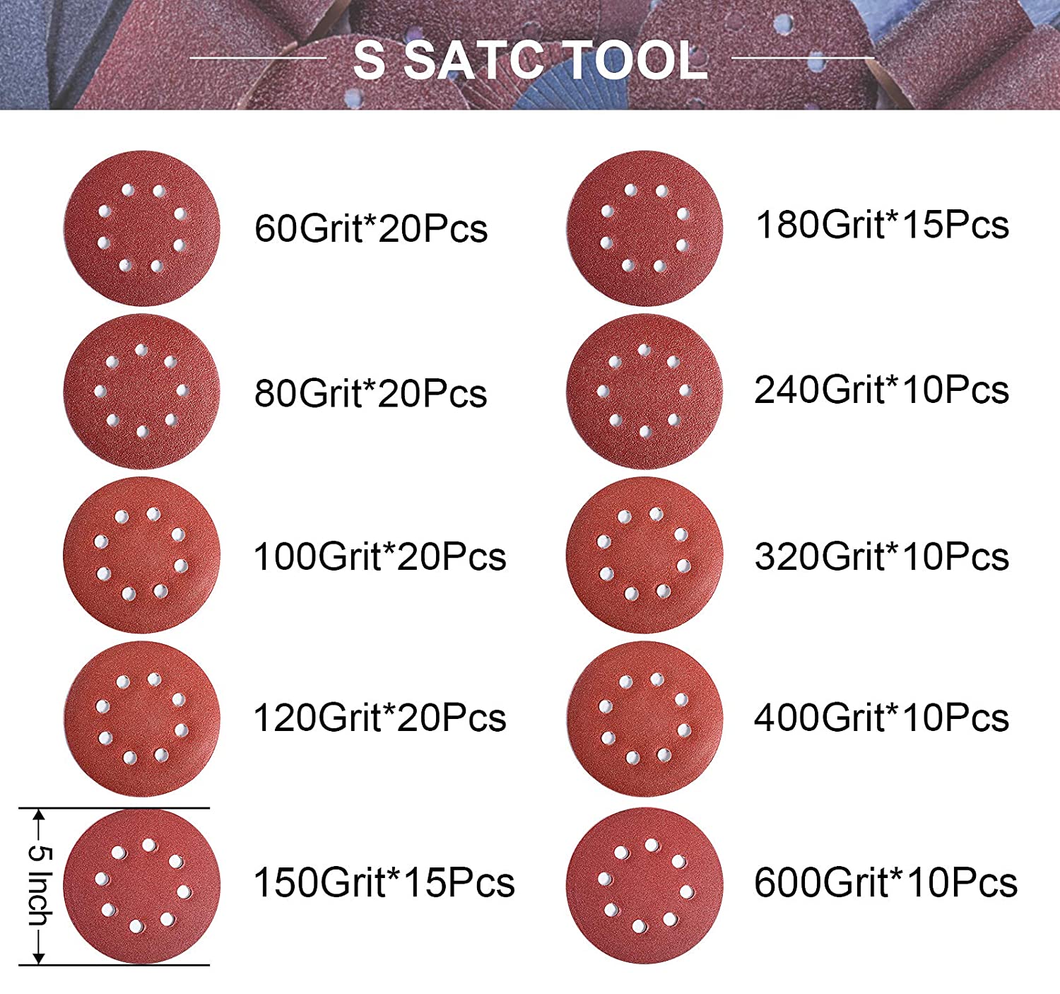 S SATC 5 inch 8 Holes Dustless Hook and Loop Sanding Discs， 150PCS