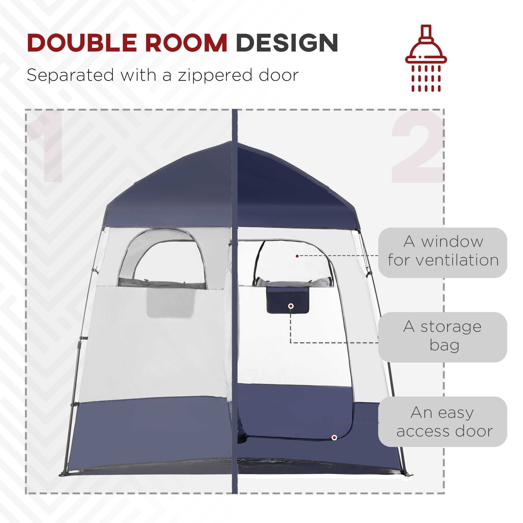 Outsunny Shower Tent, Pop Up Privacy Shelter for Camping, Dressing Changing Room, Portable Instant Outdoor Shower Tent Enclosure w/ 2 Rooms, Shower Bag, Floor and Carrying Bag, Blue