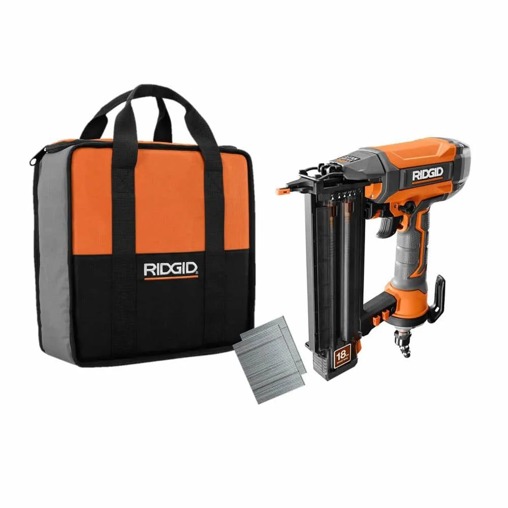 RIDGID Pneumatic 18-Gauge 2-1/8 in. Brad Nailer with CLEAN DRIVE Technology, Tool Bag, and Sample Nails R213BNF