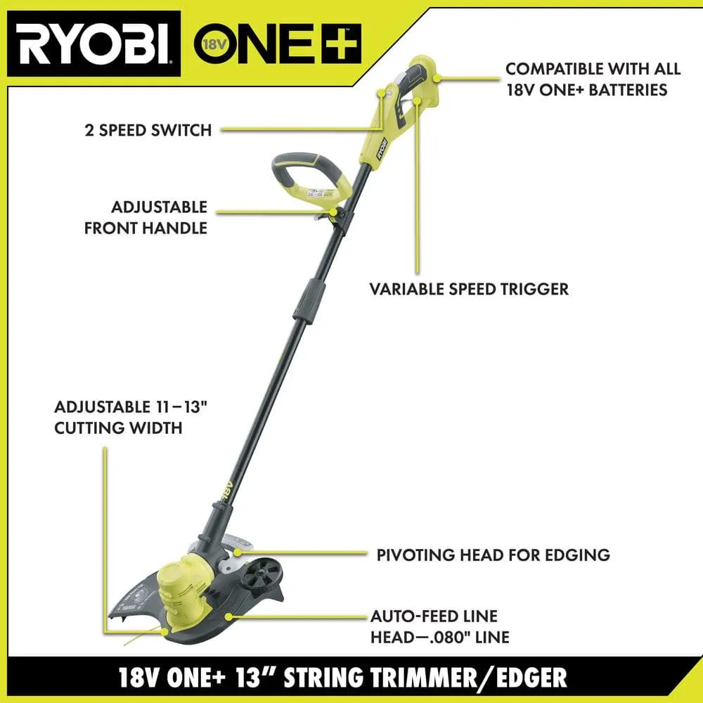 RYOBI ONE+ 18V 13 in. Cordless Battery String Trimmer/Edger with 4.0 Ah Battery and Charger P2080