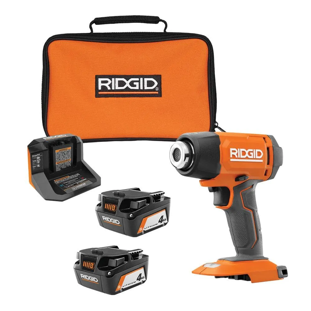 RIDGID 18V Cordless Compact Heat Gun with (2) 4.0 Ah Batteries, Charger, and Bag R860435B-AC93044SBN