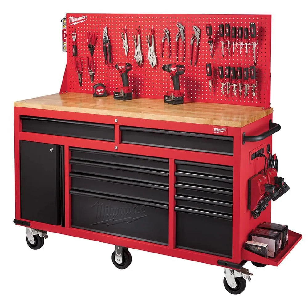 Milwaukee 61 in. 11-Drawer/1-Door 22 in. D Mobile Workbench with Sliding Pegboard Back Wall in Red/Black 48-22-8561